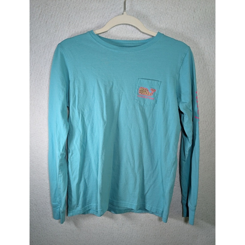 Vineyard Vines Womens Long Sleeve Pocket T-Shirt Blue Leopard Whale Small